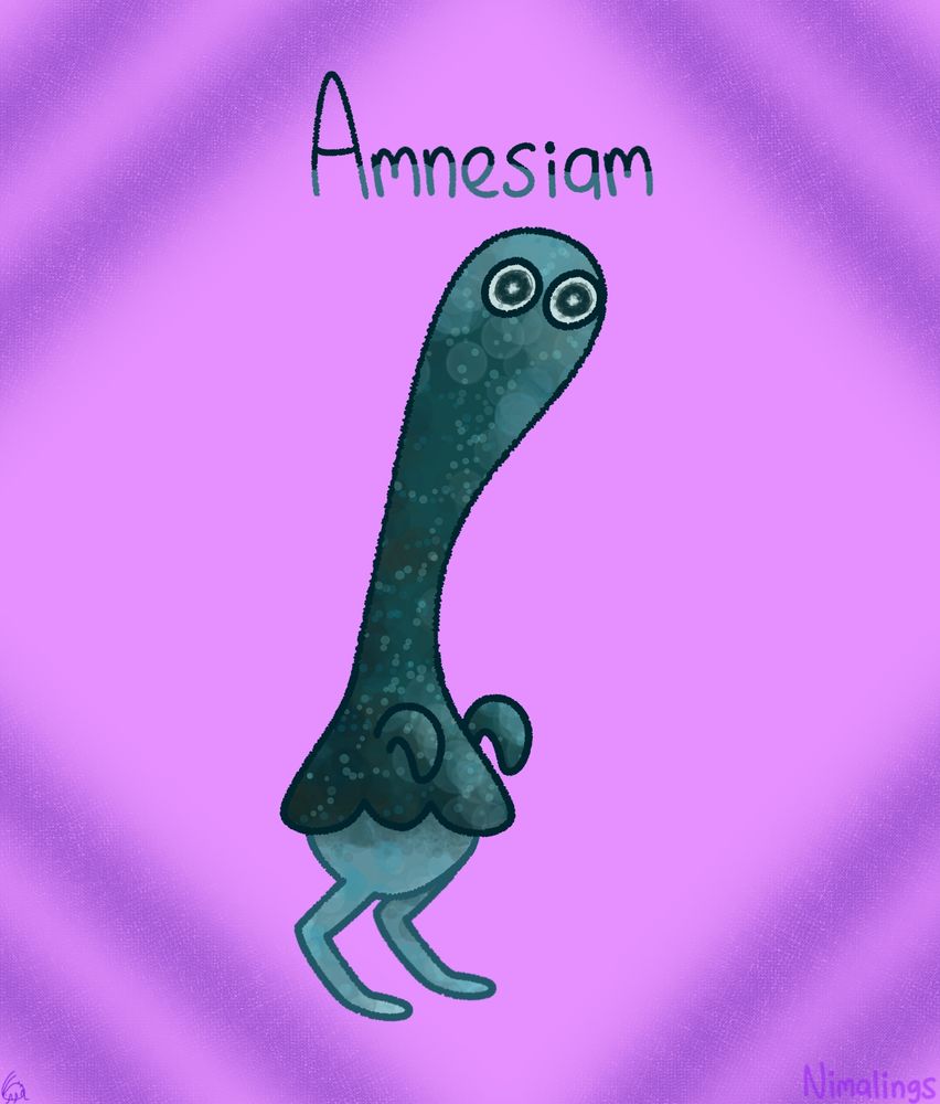 Digital illustration of a tall dark blue creature standing on two lighter blue kangaroo-like legs, their main body is speckled with bright blue splotches and dots, the eyes, which are on the very top, have a very piercing gaze