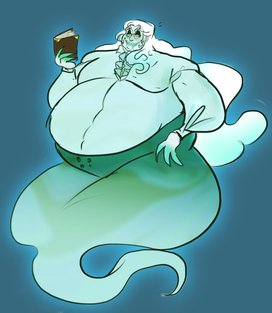 A cartoon illustration of a green glowing fat ghost holding a brown book 
