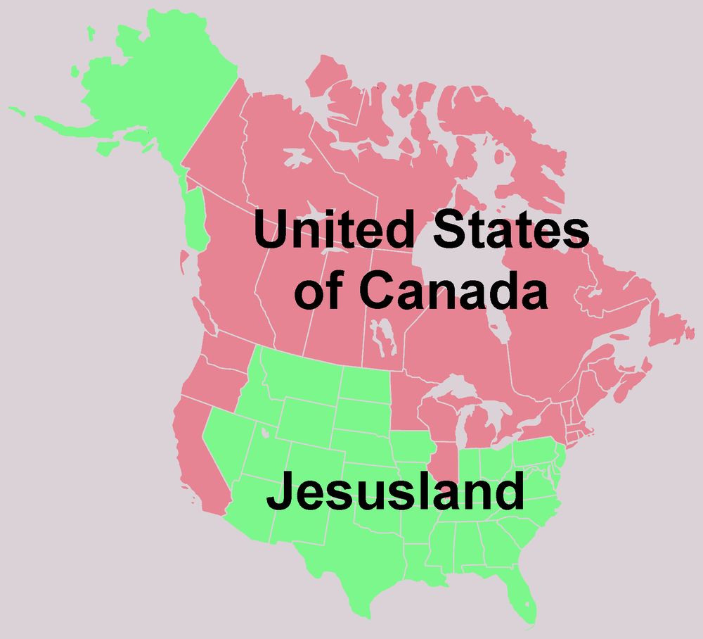 A satirical map of North America split into two regions after the 2004 U.S. election. Canada and Democratic-leaning states are labeled “United States of Canada” in pink, while Republican-leaning states are labeled “Jesusland” in green.