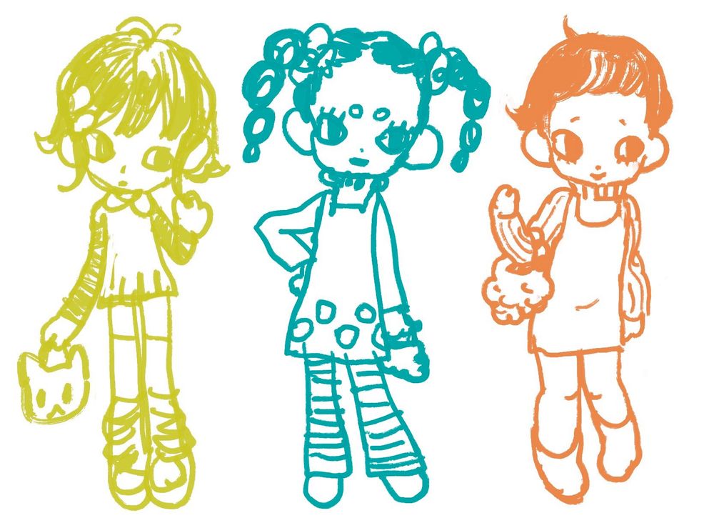 黄緑でボブカットの女の子をチャチャっと描いたもの。襟付き半袖ミニドレスとしましま長袖を重ねて、猫の顔の鞄、オーバーニー靴下、レッグウォーマー、ローファーを着用。
隣にティールでアフロツインテールの黒人の女の子。タートルネックとドット柄のドレスを重ねて、しましまのズボンとモフモフの鞄を着用。
そのまた隣にショートカットの少しぽっちゃりな女の子。タートルネックとドレスを重ねて、モコモコな鞄とブーツを着用。