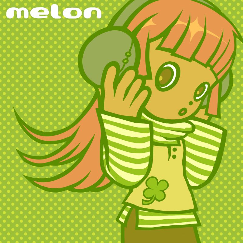 an illustration of a girl with long orange hair wearing headphones, a striped turtleneck, a tank top over, and a skirt. the image is toned green and reads "melon" in the top left corner. 