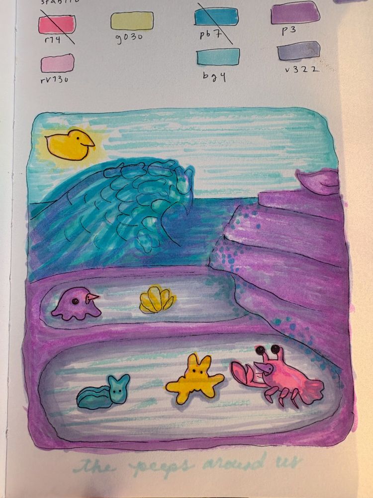 sloppy, confectionery-colored cartoon of tide pools populated by grotesque marine invertebrate–peep hybrids. the sea in the background is made of peeps; the sun, too, is a peep. the drawing is a c- effort at best.