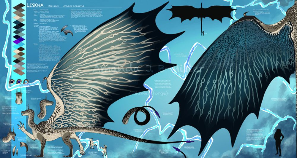 2024 Reference Sheet for my [scaleless & lightning based] dragon muse LiskNa (Li-Isk-nah)