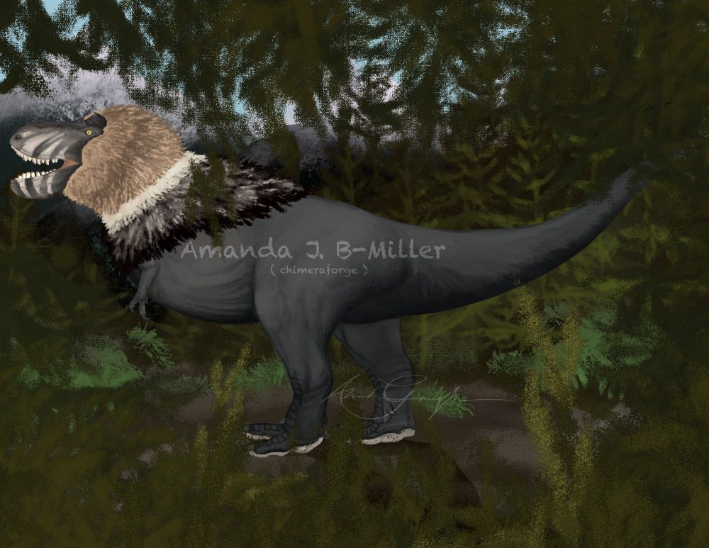 Painting of a Tyrannosaurus rex featuring a mane of pycno-fibers in a forest setting.