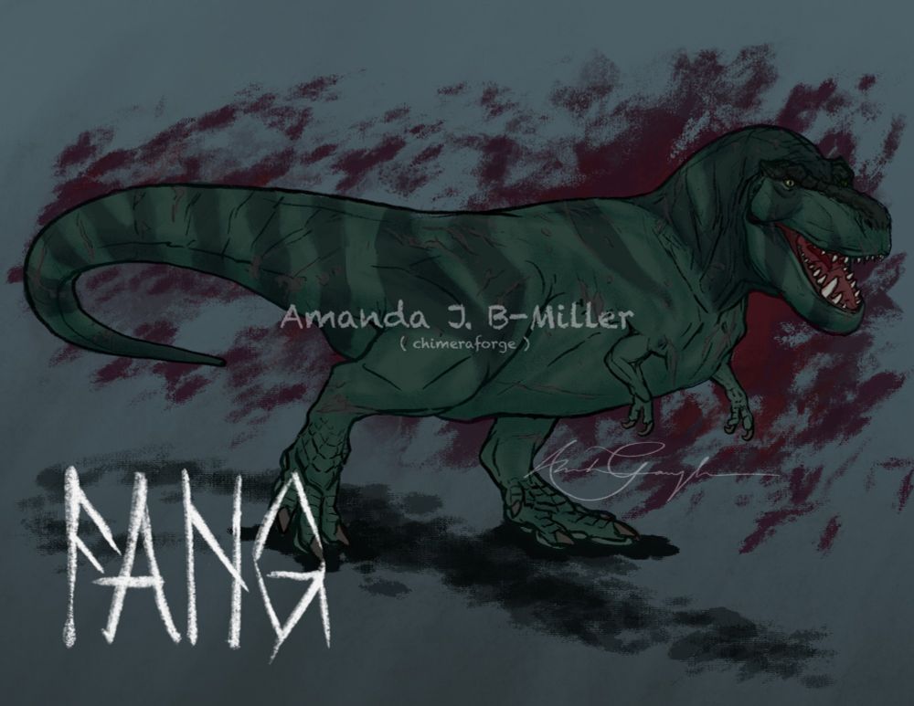 Loose digital painting [fanart] of a teal striped Trex named "Fang" from the TV series (and mature cartoon) named "Primal." They are given such title for the prominent 'fang' growing on the right side of their bottom jaw.