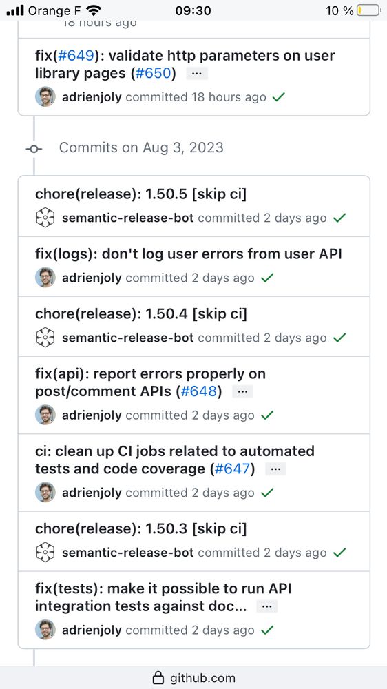 Liste d’évolutions sur le projet openwhyd, source: https://github.com/openwhyd/openwhyd/commits/main