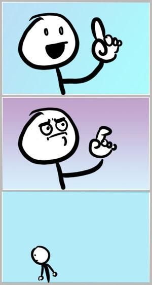 A cartoon figure raising its finger as if to say something then thinking better of it and walking away 