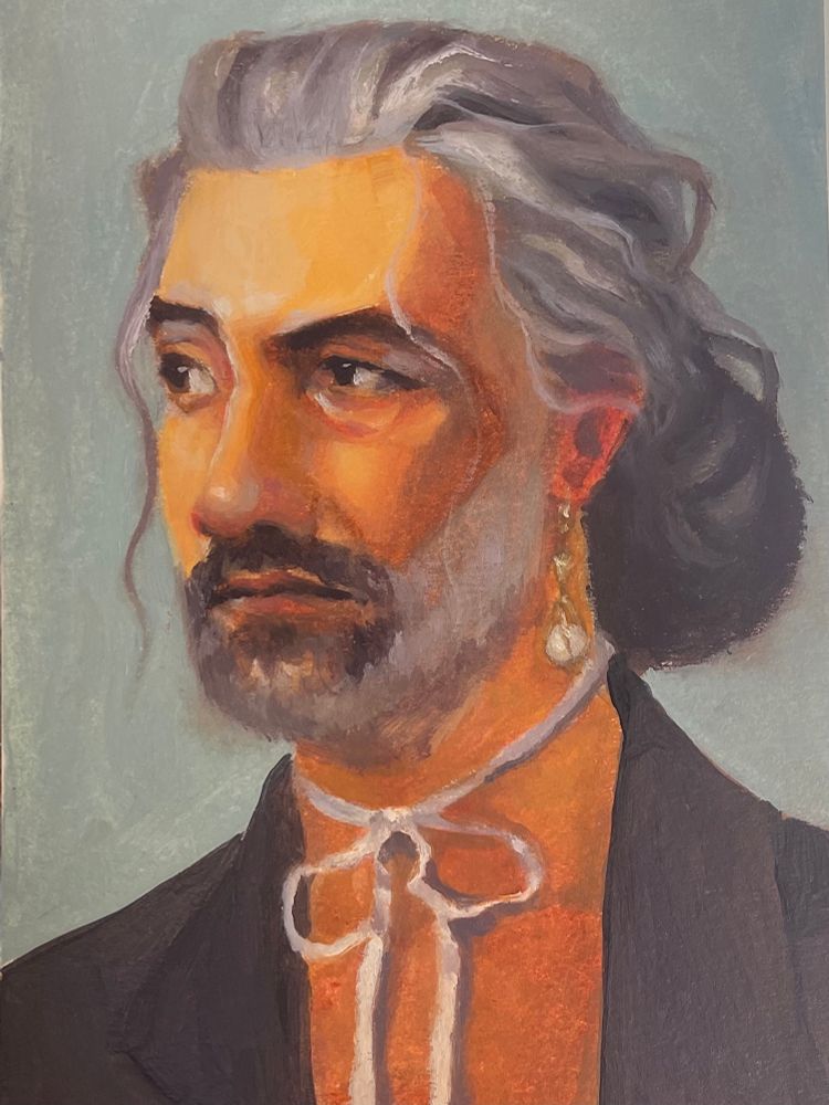 Bust portrait of Ed Teach. He wears his hair in an artfully messy bun and his ear is adorned with a gold pearl drop earring. He wears a dark grey coat and a long, thin piece of silken fabric tied into a bow around his neck. 