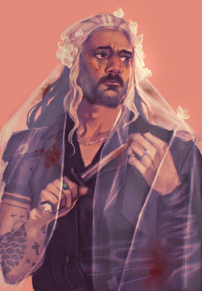 Ed wearing a bloodied veil, adorned with sewn-in white rosettes in the same material. He holds his dagger in front of him, which rests between the fingers of his left hand that has a (presumably stolen) ring glittering on his ring finger. He looks to one side, his eyes shiny with unshed tears. 