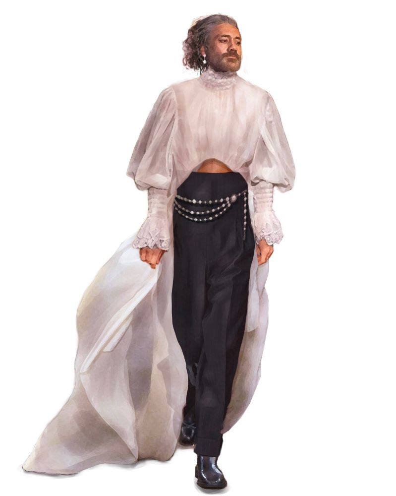Art edit of Ed wearing a bridal gown/suit trouser combo. The sleeves of his white dress are poofy and bountiful. His sleek black pants are adorned with a chain of pearls and he wears pearl earrings.  He’s very pretty. 