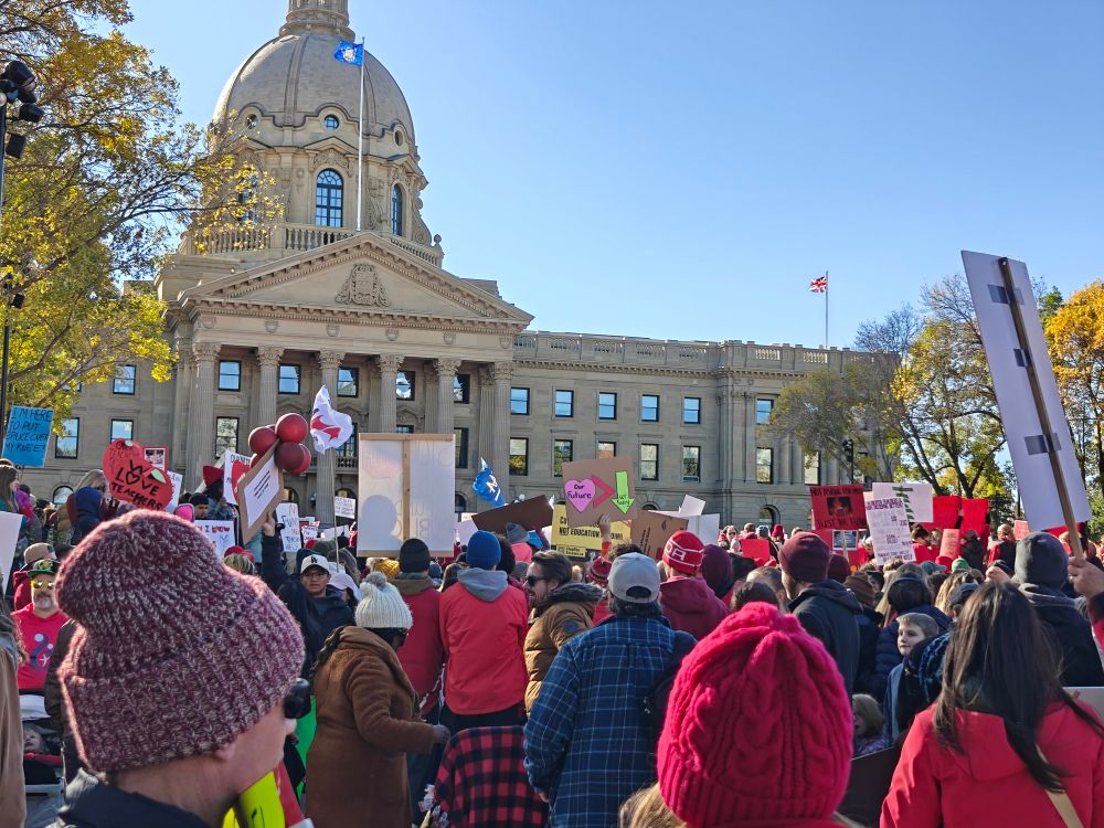 Crowd of protesters at rally to support teachers and public education on October 5, 2025 at the Alberta Legislature grounds. Was a very good turnout. Lots of people came with signs .
