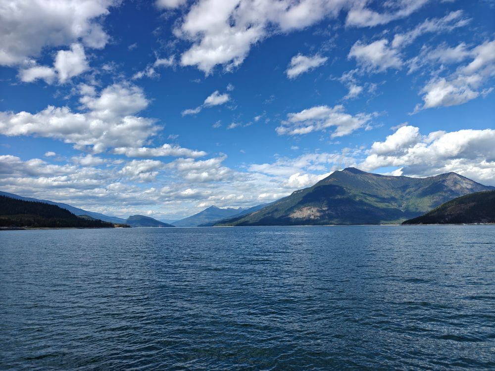 View of the lake and mountains from the Upper Arrow Lake Ferry. 