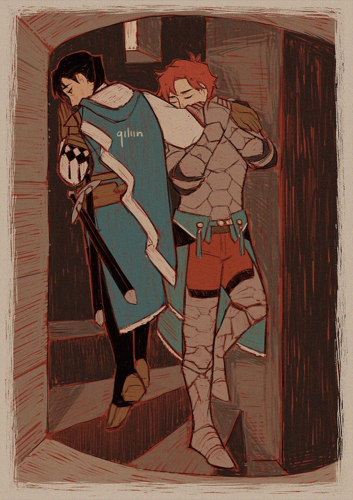 An illustration/redraw of Frederic William Burton's painting "The Meeting on the Turret Stairs" as Felix and Sylvain from Fire Emblem: Three Houses. 
Felix and Sylvain are meeting in a circular staircase in a castle, with Felix climbing upstairs and Sylvain going downstairs. Sylvain is holding Felix back from going any further by tightly hugging his right arm and holding it to his face, his eyes are closed and expression a little desperate. Felix is averting his gaze and entire body away from Sylvain, looking sorrowful, but he's not pulling away from the embrace.
Both are wearing their post-timeskip armors.
