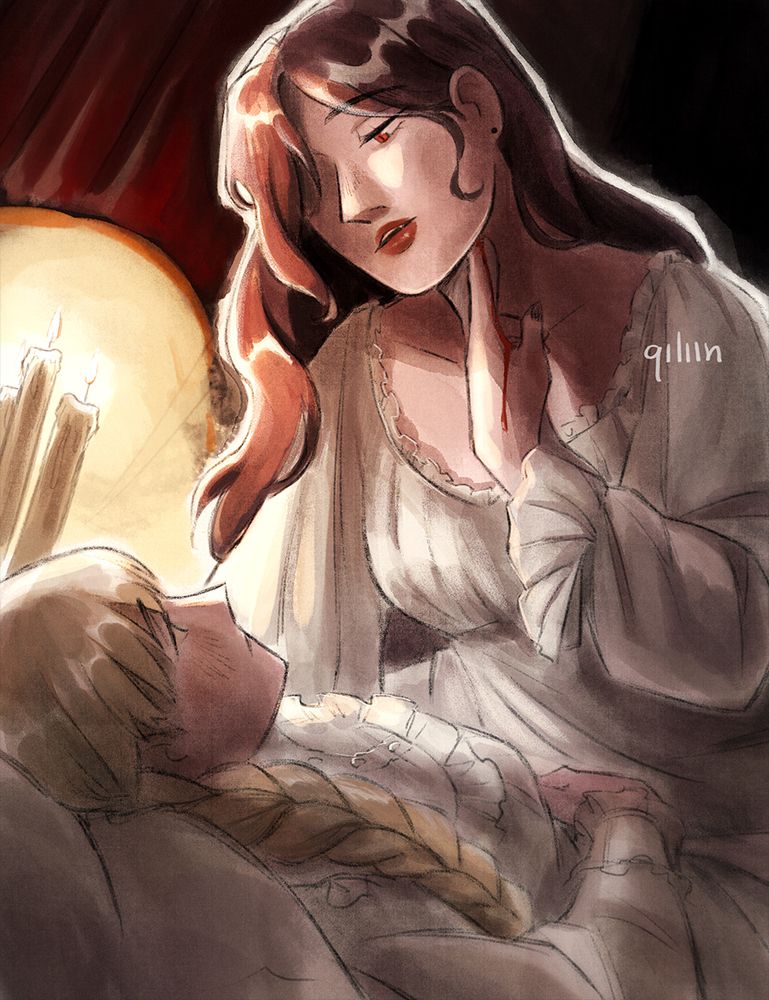 An illustration of Ingrid and Dorothea from Fire Emblem: Three Houses in a vampire AU. Ingrid is a young woman with light skin and long blond hair styled in a braid, she's wearing a white nightgown. Dorothea is a young woman with light skin, long wavy brown hair and red eyes, she's wearing a white nightgown and red lipstick, a fang is slightly visible in her mouth. The angle is slightly from besides and underneath the bed Ingrid is lying on, Dorothea is sitting on the bed next to Ingrid, leaning over her, Dorothea has one hand positioned against her (Dorothea) throat, her nails digging into it to make blood drip on her hand, she's hungrily looking at Ingrid. Ingrid is lying on her bed, immobile, looking fearful but excited at the same time, she's looking at Dorothea as well.
