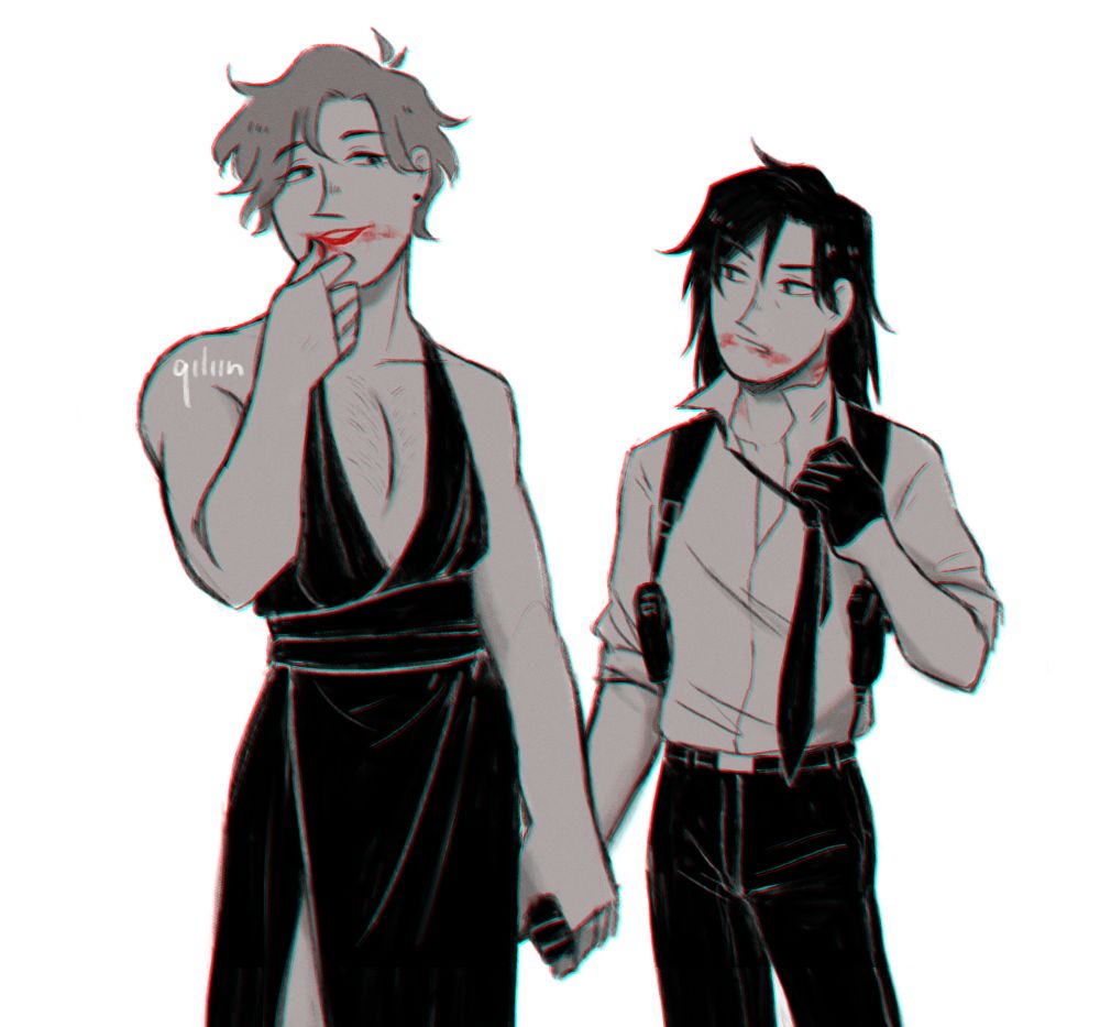 A black/white illustration of Sylvain and Felix from Fire Emblem: Three Houses, in a film noir AU. Sylvain is wearing red lipstick, a dark revealing dress with high heels, Felix is in a white shirt, black tie, black pants and has a shoulder holster. They are standing side by side, holding hands. Their hair are mussed up, Sylvain is wiping lipstick from the corner of his lips with his thumb, there is lipstick smeared on the corner of his mouth, and on Felix' face and neck, he looks smug. Felix is side eyeing Sylvain, tugging on his tie.