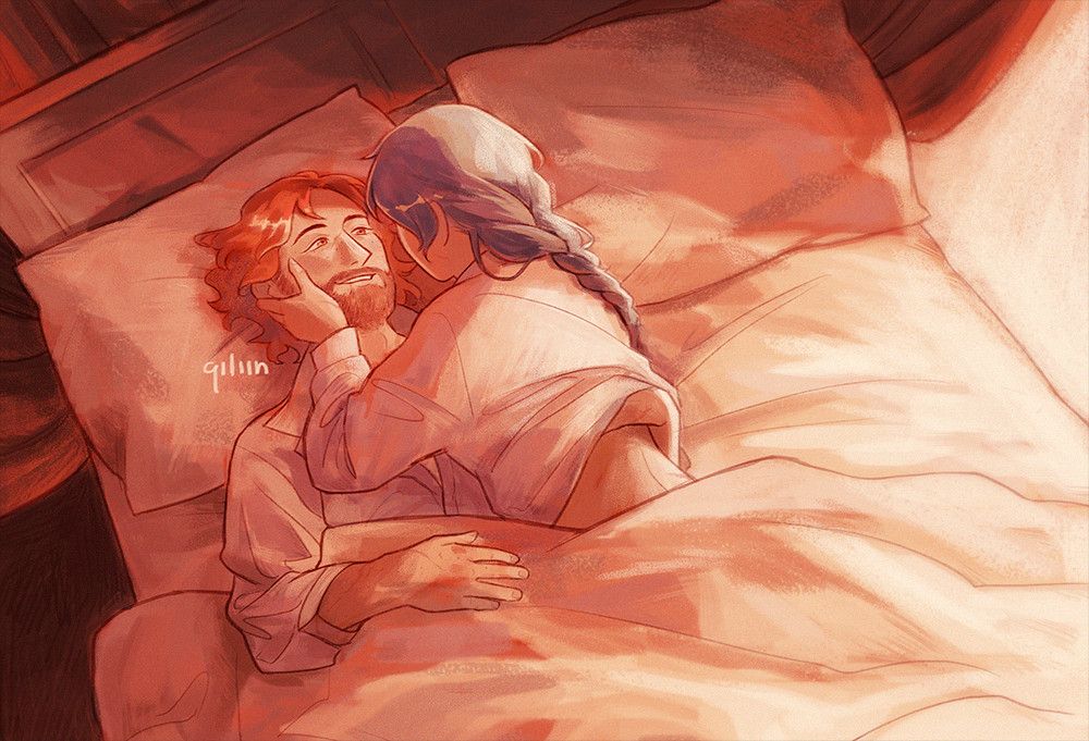 An illustration of Sylvain and Felix from Fire Emblem: Three Houses. They are lying together on a canopy bed, a bright morning sunlight is painting everything a warm pink-orange hue. They are both wearing light nightclothes. Sylvain is lying on his back, grinning and looking up at Felix' face, who's propped on his elbow and leaning over Sylvain, his hand gently caressing Sylvain's cheek. One of Sylvain's hand is slipping underneath Felix' nightshirt on his back, revealing Felix' bare skin.