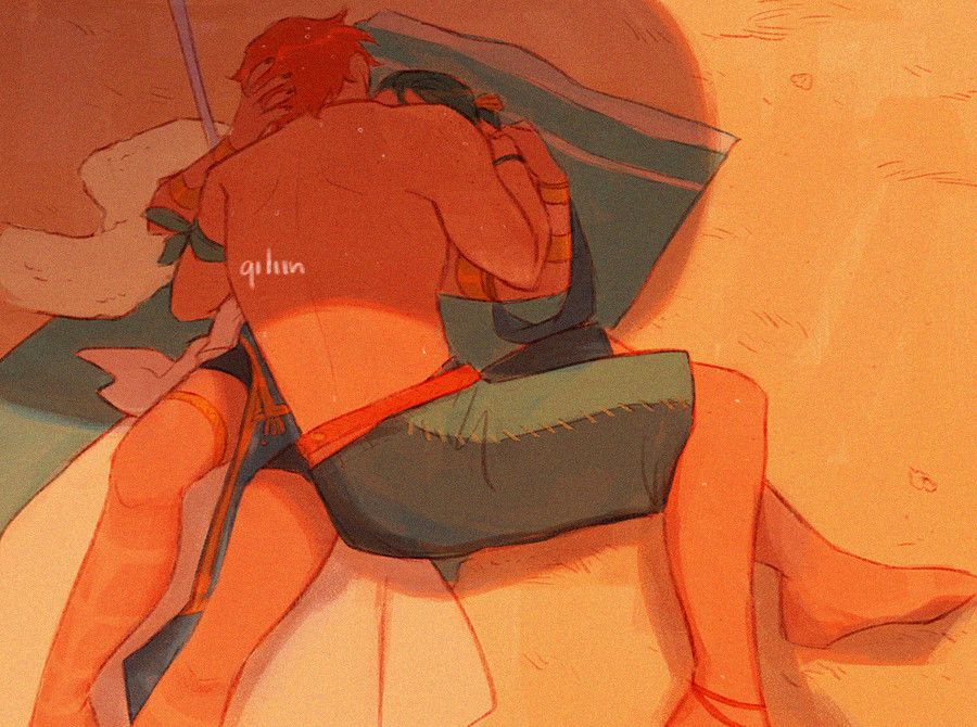 An illustration of Sylvain and Felix from Fire Emblem: Three Houses. They are laying on a towel in the sand, a sunshade providing them shade for their upper body. Sylvain is wearing a pair of dark swim shorts, he's leaning over Felix, seemingly kissing him. Felix is wearing a modified dancer outfit, cradling Sylvain's head. We don't see their faces.