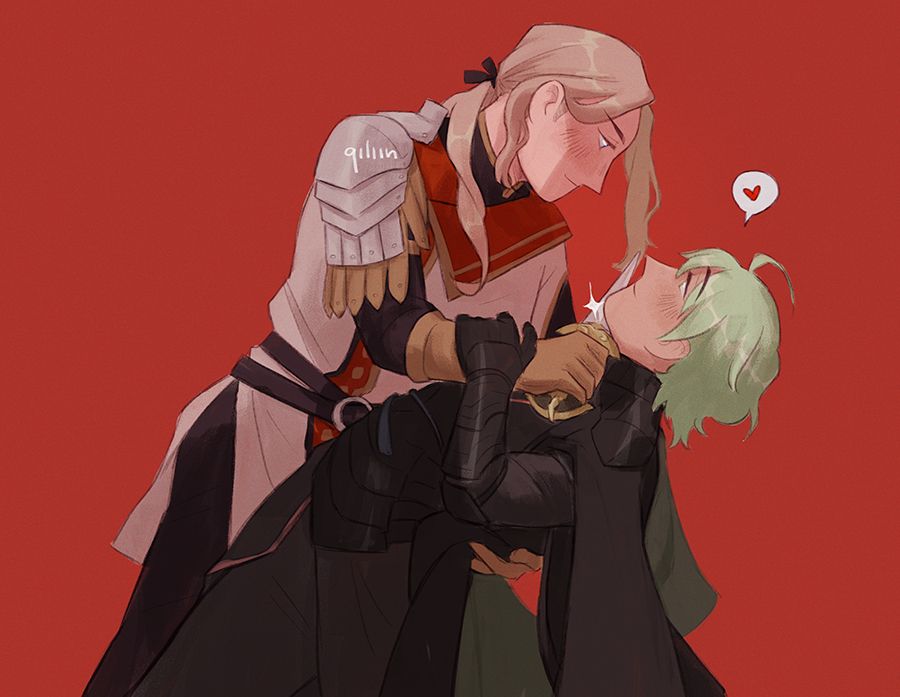 An illustration of Jeritza and M!Byleth from Fire Emblem: Three Houses. Jeritza is a tall young man with light skin, long blonde hair styled in a low ponytail and blue eyes, he's wearing a white tunique with a red collar and armor on his right shoulder. Byleth is a young man with light skin, shaggy mint colored hair and green eyes, he's wearing black robes and black armor parts. On a burgundy background, Jeritza is dipping Byleth as if in the middle of dancing and has Byleth's dagger against his throat. Jeritza's eyebrows are slightly frowned but smiling and Byleth is totally relaxed in Jeritza's arms, smiling at him and touching Byleth's arm.