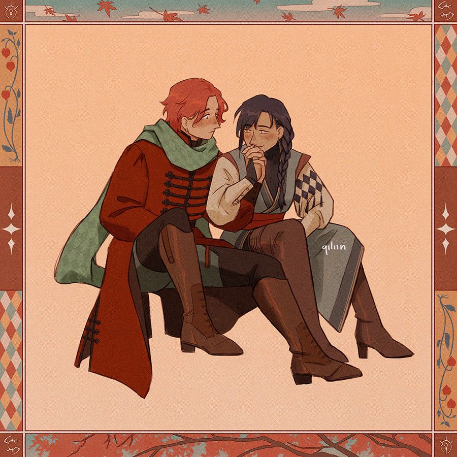An illustration of Sylvain and Felix from Fire Emblem: Three Houses with a decorative frame themed on Autumn. They are sitting down together, Felix is holding Sylvain's hand up to his lips and kissing it, making direct eye contact with Sylvain and smiling, Sylvain looks flustered. They are wearing warm clothes: long coat, riding boots and a long scarf for Sylvain.