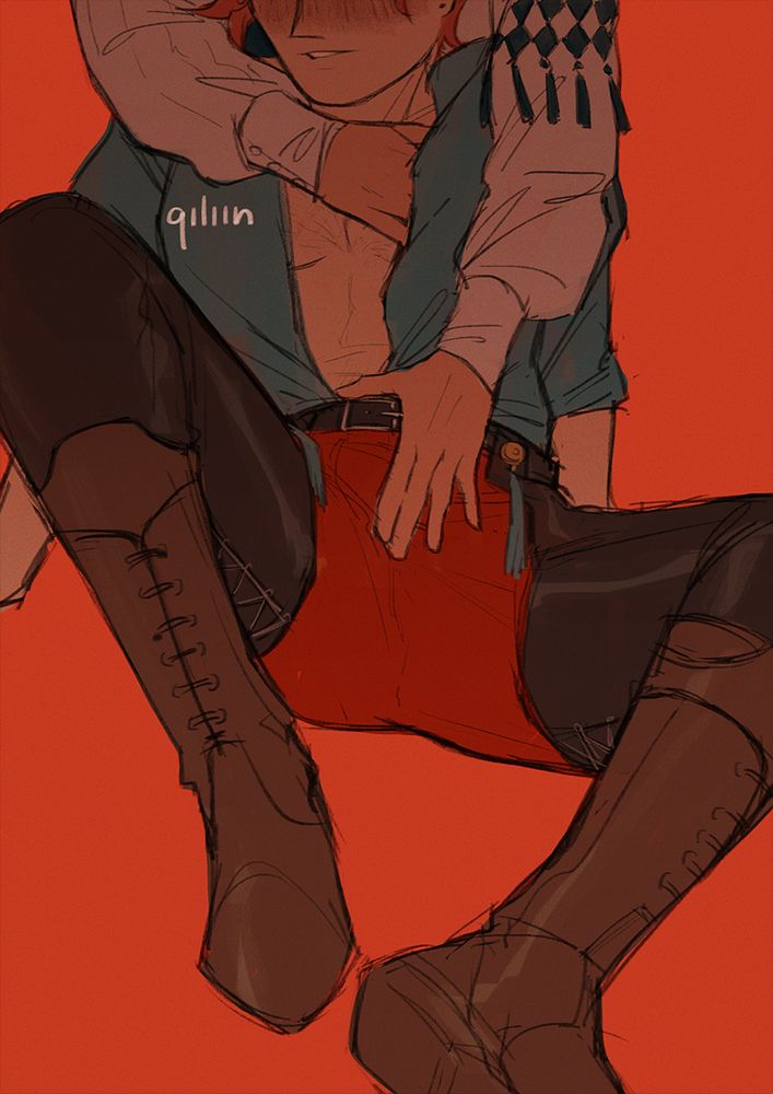 An illustration of Sylvain and Felix from Fire Emblem: Three Houses, post-timeskip.
Sylvain is sitting on the ground, facing the viewer, with his legs spread. Felix is kneeling behind him, only his arms are visible, one hand slipping underneath Sylvain's open shirt to touch his chest, his other hand is palming Sylvain's crotch. Sylvain's upper face is not visible but he's very red in the face. Both are clothed, Sylvain is a bit disheveled.