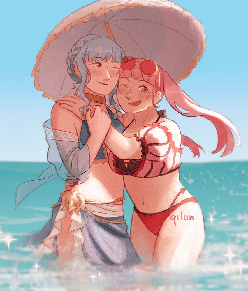 An illustration of Marianne and Hilda from Fire Emblem: Three Houses in their summer alt from Fire Emblem: Heroes. It's a bright summer day with a cloudless sky, they are standing in the sea, the water reaching their thighs. Marianne is a young woman with light skin, long pale blue hair tied in a messy crown braid and brown eyes, she's wearing a 2 pieces blue swimsuit with golden details and she's holding a blue umbrella over their heads. Hilda is a young woman with light skin, long pink hair tied in 2 pigtails and pink eyes, she's wearing a pink and red bikini and sunglasses on her head. Hilda is hugging Marianne and winking at the viewer with a joyful smile, the side of her head pressed against Marianne's cheek, Marianne is holding Hilda's wrist and looking at her, smiling.