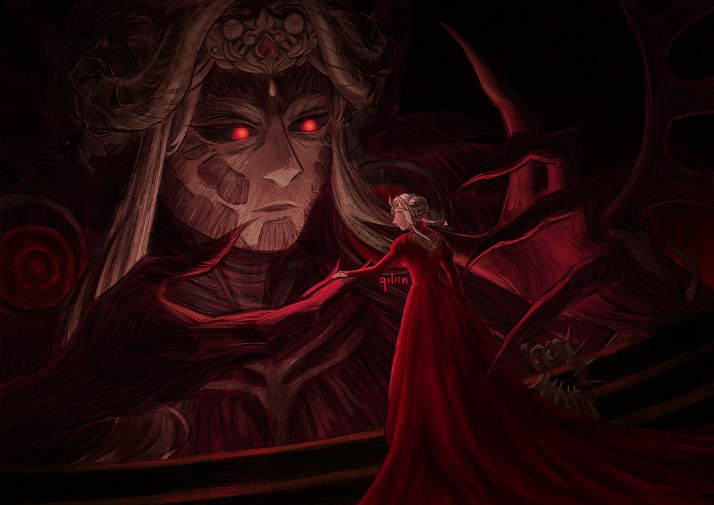 An illustration of Hegemon Husk and Edelgard from Fire Emblem: Three Houses, post-timeskip.
In a dark and abstract environment, Edelgard is climbing stairs to meet a gigantic Hegemon Husk who is rising above the stairs, only her head from the collar up is visible with her huge sharp clawed hands reaching out for Edelgard. Hegemon's face is dimly lit up from underneath, her red eyes intensely glowing and expressionlessly staring at Edelgard, she's offering her hand for Edelgard to take while her other hand is slowly about to enclose on Edelgard's body. Edelgard is apprehensive, she's looking over her shoulder at the viewer, in a long red dress, one hand accepting Hegemon's hand, the other dragging a bloodied Aymr behind.