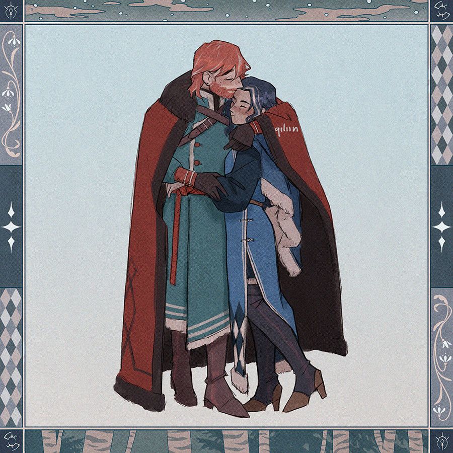 An illustration of Sylvain and Felix from Fire Emblem: Three Houses with a decorative frame. They are both wearing warm clothes, huddling together with Sylvain kissing Felix's forehead, covering him with his cloak. Felix pouts and hugs Sylvain's waist.