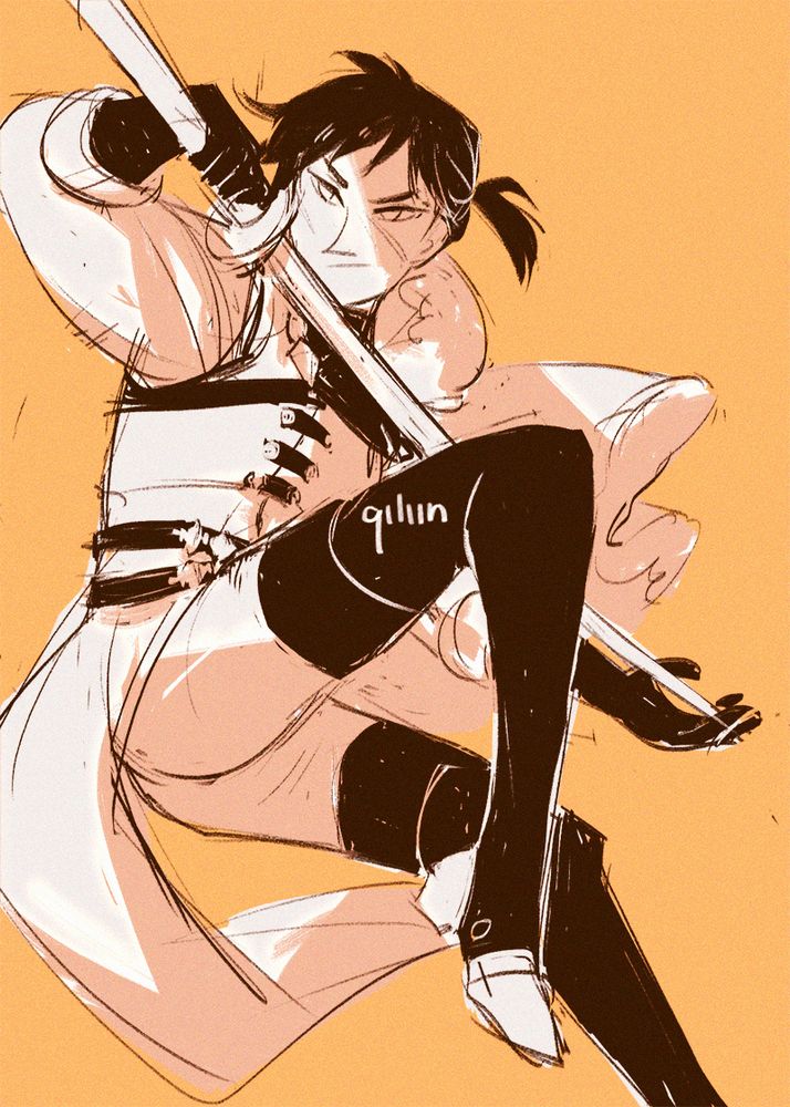 A monochrome sketch of Felix from Fire Emblem: Three Houses. He's in his post-timeskip outfit, jumping and drawing a sword with a serious expression.