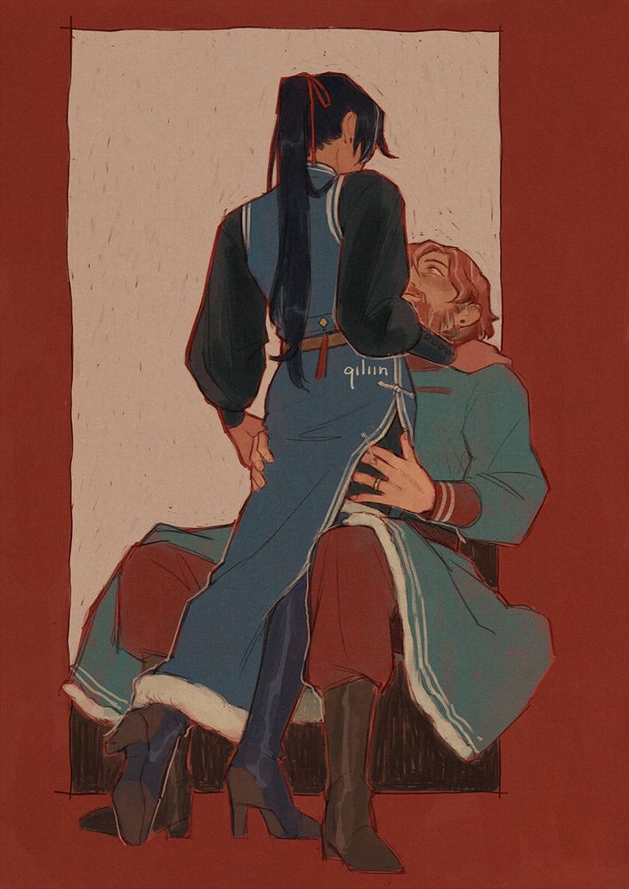 An illustration of older Felix and Sylvain from Fire Emblem: Three Houses. 
Felix (left) is a long dark haired man, his hair gathered in a high ponytail, tied with a red ribbon, he's wearing a black shirt with bishop sleeves under a navy blue sleeveless long qipao with a high side slit, black pants and a pair of dark blue thigh high boots. Sylvain (right) is a red haired man in his late 30s, with shaggy hair and a beard, with some grey hair. He's wearing a long turquoise tunic, red pants and brown boots. 
Sylvain is sitting down, his spread legs open, lovingly looking up at Felix, his hands around his thighs, his fingers slipping underneath his qipao. Felix is standing between Sylvain's legs, slightly leaning against him, turning his back to the viewer, one of his hand is resting on Sylvain's shoulder, his other touching Sylvain's wrist. 
The background red with a beige rectangle framing them.