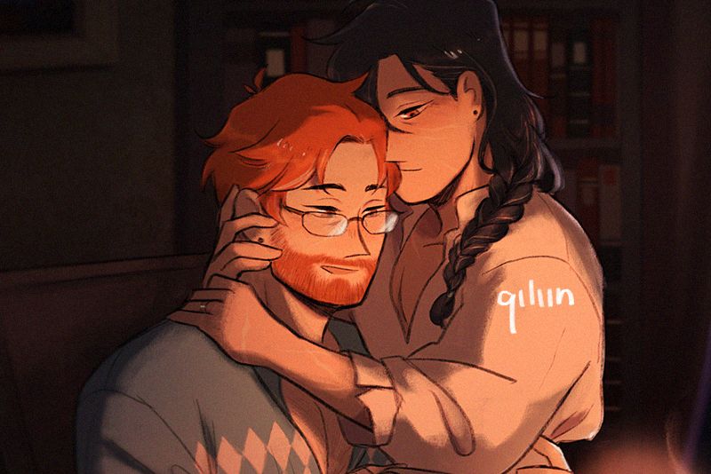 A cropped illustration of Sylvain and Felix from Fire Emblem: Three Houses post-canon. They are in a study room, with bookshelves behind them, it's nighttime with only the light of a candle illuminating them. Sylvain grew a beard and wears reading glasses, Felix' side braid has splits of grey hair in it. Sylvain is sitting at a desk, looking at a letter he's holding in his hand, his other hand is wrapped around Felix' waist. Felix is pressed against his side, his cheek resting on Sylvain' head, his arms around Sylvain's neck. He's looking at the letter too, a gentle smile on his face.
