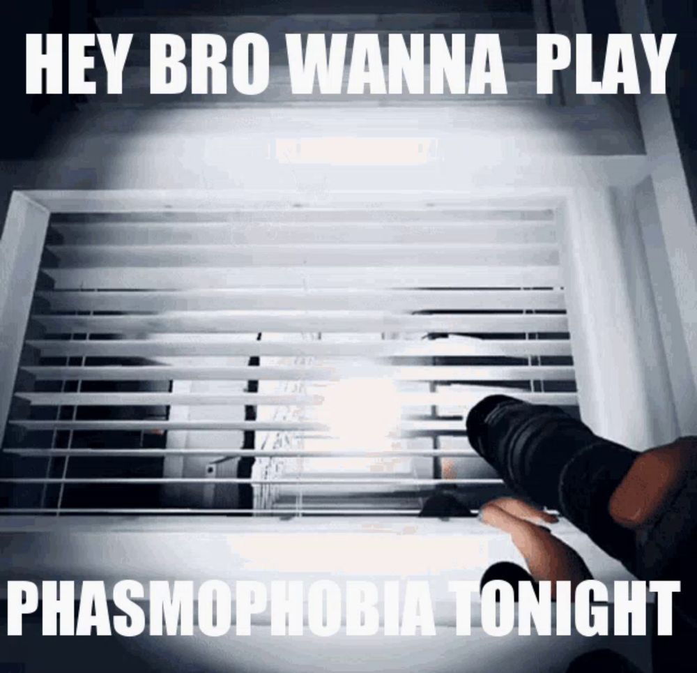 a person holding a flashlight in front of a window with the words hey bro wanna play phasmophobia tonight on the bottom