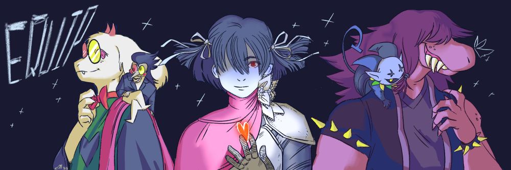 Deltarune heroes equip selection in dark world
Ralsei with Spamton's dealmaker and frayed bowtie.
Kris with twin ribbons, princess ribbon and black shard.
Susie with Jevil's tail and the shadow mantle