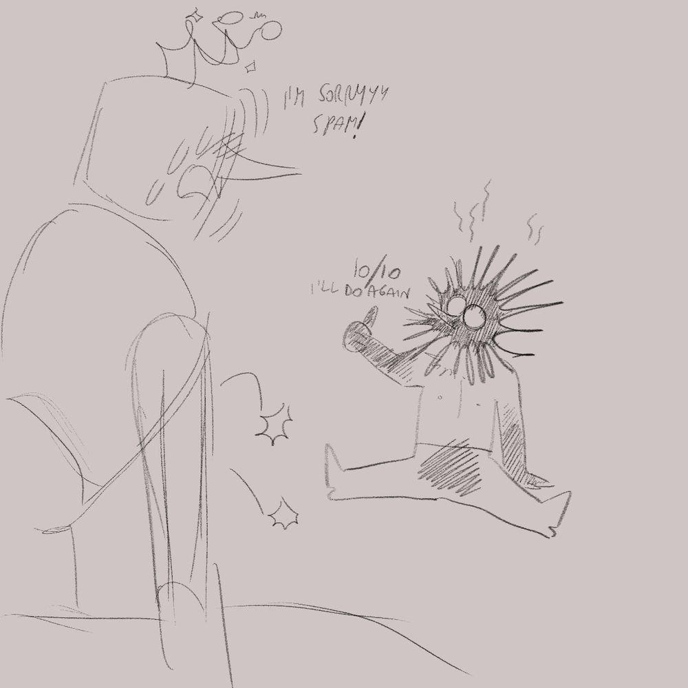 OK, this is a joke pic cause in wireplay dynamics Tenna electrocuted Spamton when he reached the apex of pleasure (he's an electric pokemon after all)
So here Tenna panicking says: I'm Sorryy Spam!
While electrocuted Spamton answers: 10/10 I'll do again
