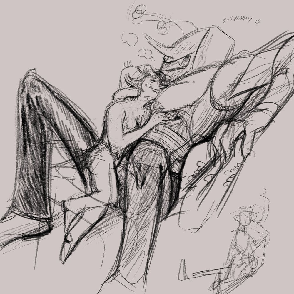 Tenna holding Spamton head with his hand, the other scratching the bed? While softly whining his partner name. The antennas are widely twitching. Spamton, resting on Tenna's chest, is reaching the inner cables with his hand while stroking his leg against him
