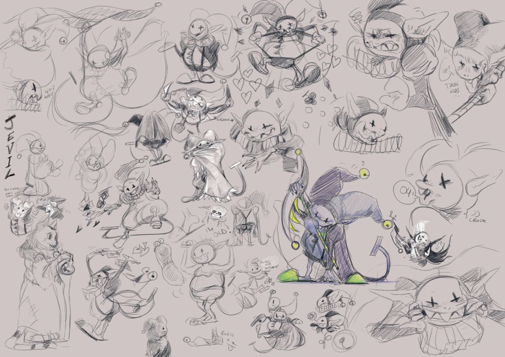 Various sketches of Jevil from Deltarune and other characters from the same game