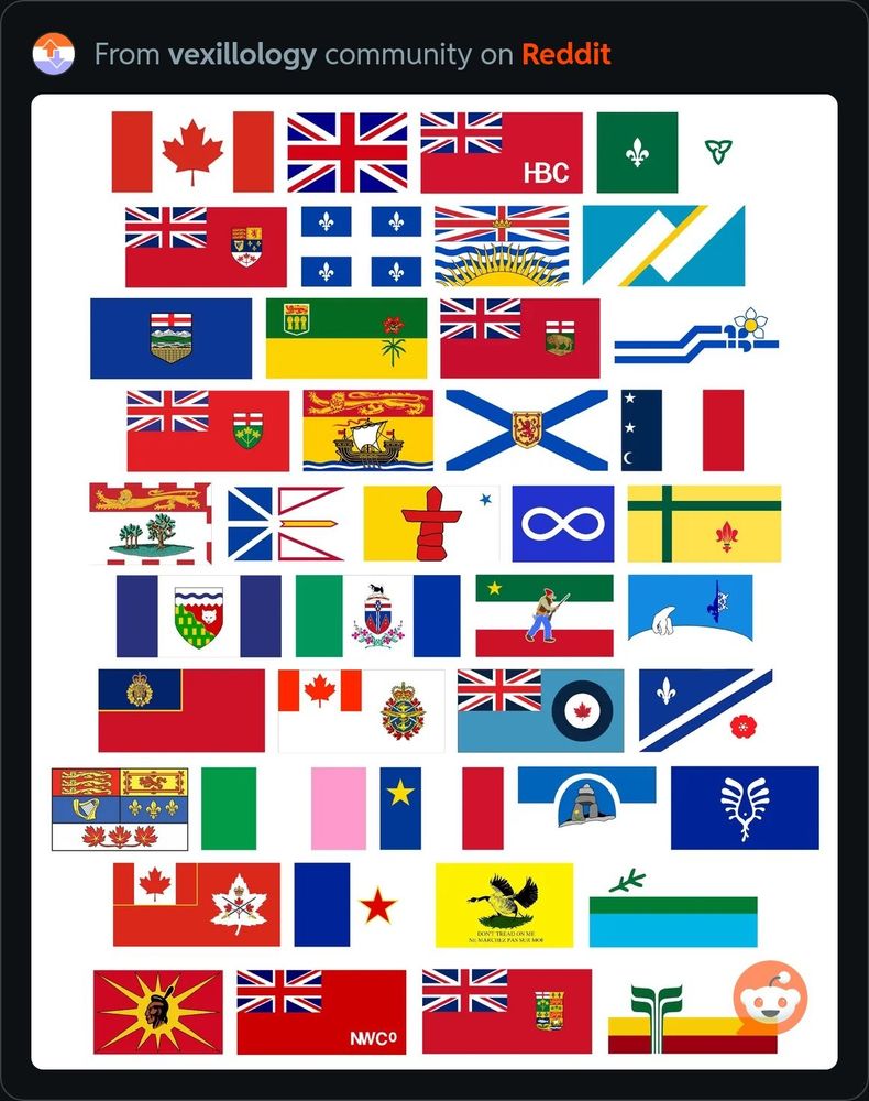 A collage of different Canadian flags, territories, indigenous tribes etc.