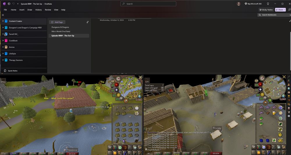 A Picture of OSRS (Old School Runescape) Multi-Log while writing in my OneNote creating a Plan for my content creation series'.
