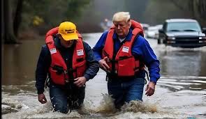 Viral AI image of Trump wading in water assisting rescuers in the Wilmington Floods. Reality is that he's massively cut funds for flood response and shakes down states illegally for their deserved funds and assistance. 