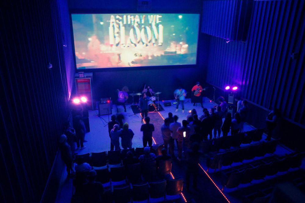 Photograph. A smallish cinema auditorium with half its seats removed. Blue stage lighting covers the dark auditorium. The band, Astray We Bloom, performs for a small crowd - their visuals displayed on the cinema screen.