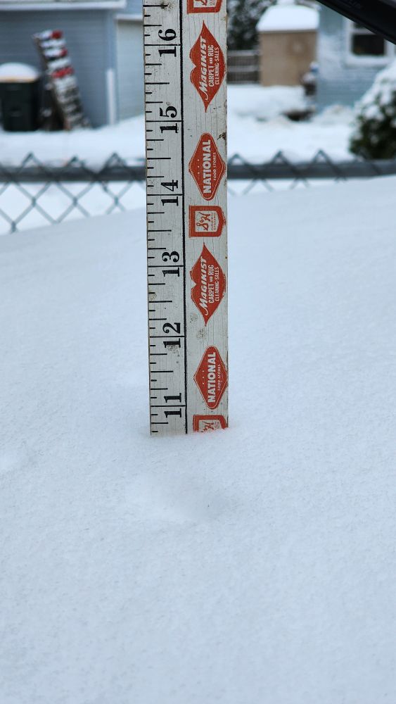 Photograph. A yardstick branded with the logos of National Foods, Magikist and S&H Green Stamps sticking out of a snow mound from this weekend's snow event. The snowfall total in the north Chicago suburbs was under 11 inches. 