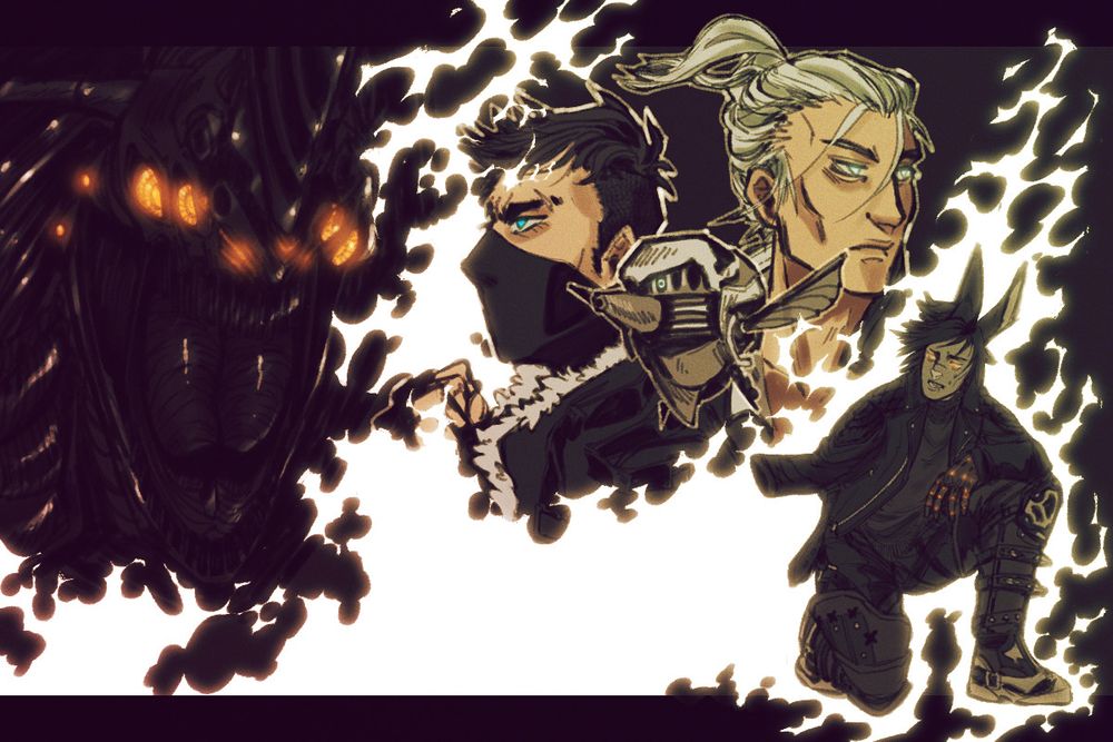 final fantasy 14 fanart. glowing white fire wreathes the characters: in the left corner is the roaring head of a mechanical beast with four glowing orange eyes. the centre features the busts of two men back to back and otherwise obscured by flames, facing opposite directions; the left has black hair and glowing blue eyes, a black mask over the bottom half of his face. the right has grey hair in a pony tail. in the foreground is a small flying magitek bit. in the lower right corner is a kneeling viera with black hair and glowing orange eyes, dressed in a black leather jacket and pants. he is missing his right arm, and his left arm appears to be mechanical. his expression is distressed, his gaze in the direction of the mechanical monster.