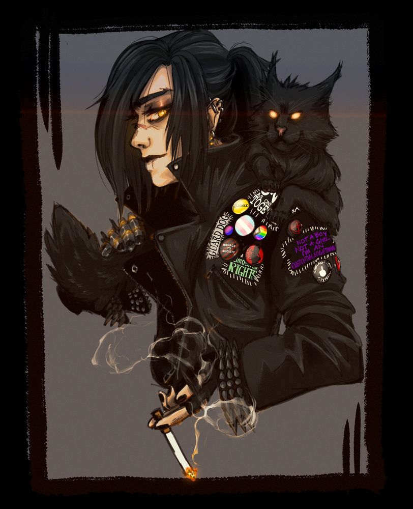 Arym "Rabbit" Ord and his NHP co-pilot Church in a synthetic cat subaltern (a large black maine coon). Church is draped over Arym's shoulders, glowing eyes looking vaguely off into the camera. Arym has his long, shaggy black hair pulled back in a messy ponytail with loose strands that frame his profile. His one visible eye seems synthetic; it is bright orange & glowing lightly. He has a scar across the bridge of his nose, and one splitting his bottom lip. He's wearing a black leather jacket/battle vest covered in several patches & buttons; deimosian rights, menace to society, the trans, bi, and progress pride flags, queer, unite we stand together, not a boy not a girl im an existential nightmare, fuck luck, guard dog. His left hand holds a cigarette with rising wisps of smoke at the bottom of the portrait, while his left hand, clearly robotic, is holding the end of Church's fluffy tail. 