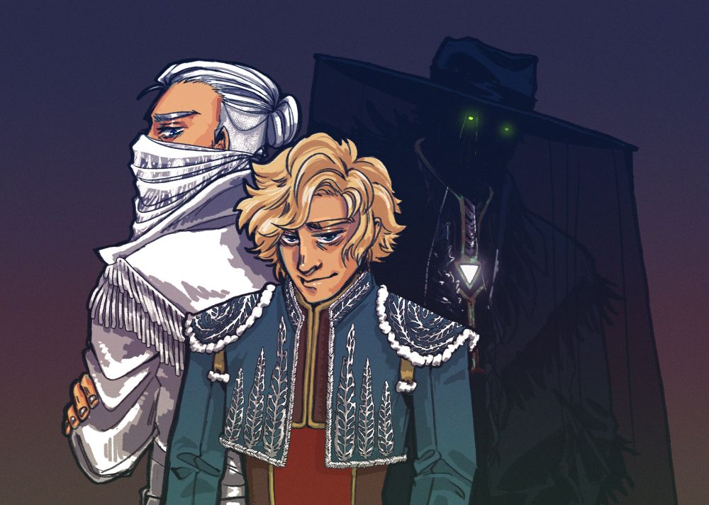 the three members of tournament team Glory for Hire: Shiner front and centre, Blizzard behind his right shoulder, and Daughter behind his left. Shiner has a teal mariachi jacket with silver-white embroidery & tassels over a dark red&bright red hardsuit, Blizzard is in a white leather jacket with white tassels, and a white bandana tied over the lower half of her face. Daughter is wearing a wide-brimmed black hat with a long dark veil that obscures her face except for the eerie green glow of her eyes in the shadow, in a long black leather coat with feathered details.