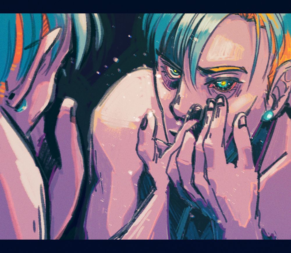 Daughter leans in towards her reflection in a mirror, both hands at her face as she pries her left eye open wide to examine it; the edge of the iris has become dark and indistinct, bleeding into and turning the sclera almost wholly black, like a spreading corruption. There is precedent for strangeness with her eyes--her pupils already gleam with the green-gold of tapetum lucidum, belying her uncannily keen eyesight--but this is a new development.