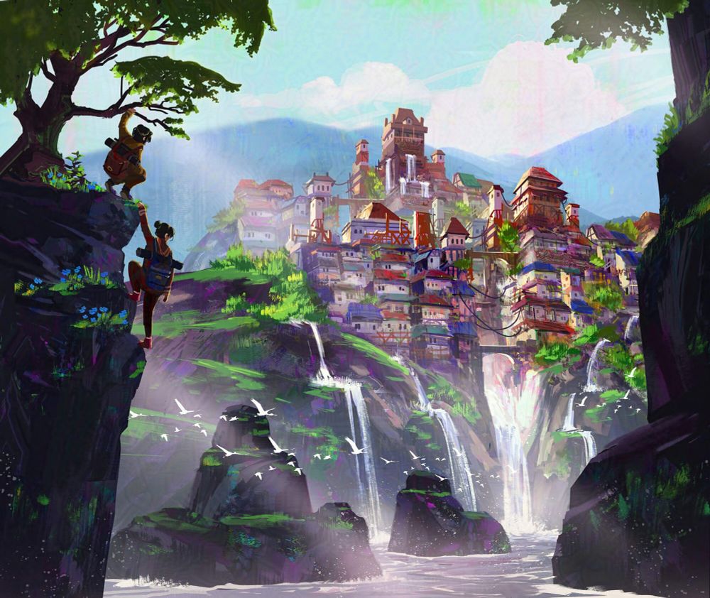 environment painting of a lost city with waterfalls that two sisters have discovered while hiking