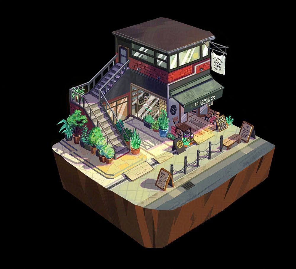 isometric painting of a coffee shop in Osaka