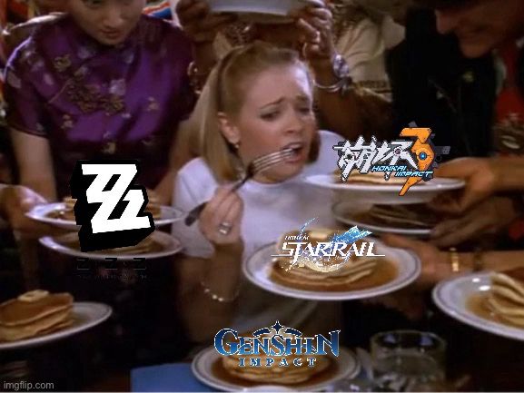Image is of the character Sabrina from the live action Sabrina the Teenage Witch series. She is surrounded by pancakes with a concerned look on her face, indicating a feeling of being overwhelmed. On the various plates the logos for the games Honkai Impact 3rd, Honkai Star Rail, Genshin Impact, and Zenless Zone Zero have been edited over the pancakes.