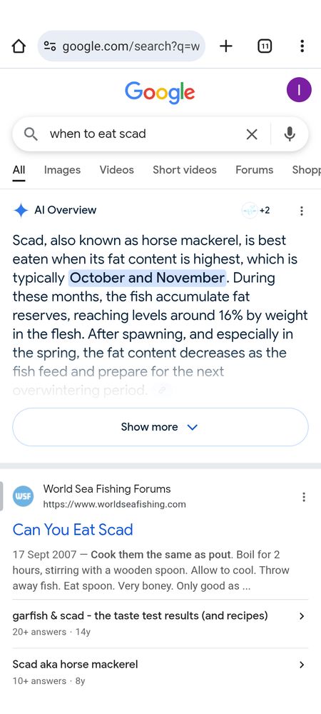 Text from Google 'when to eat scad' search says it's a horse mackerel fish and is best in October and November 