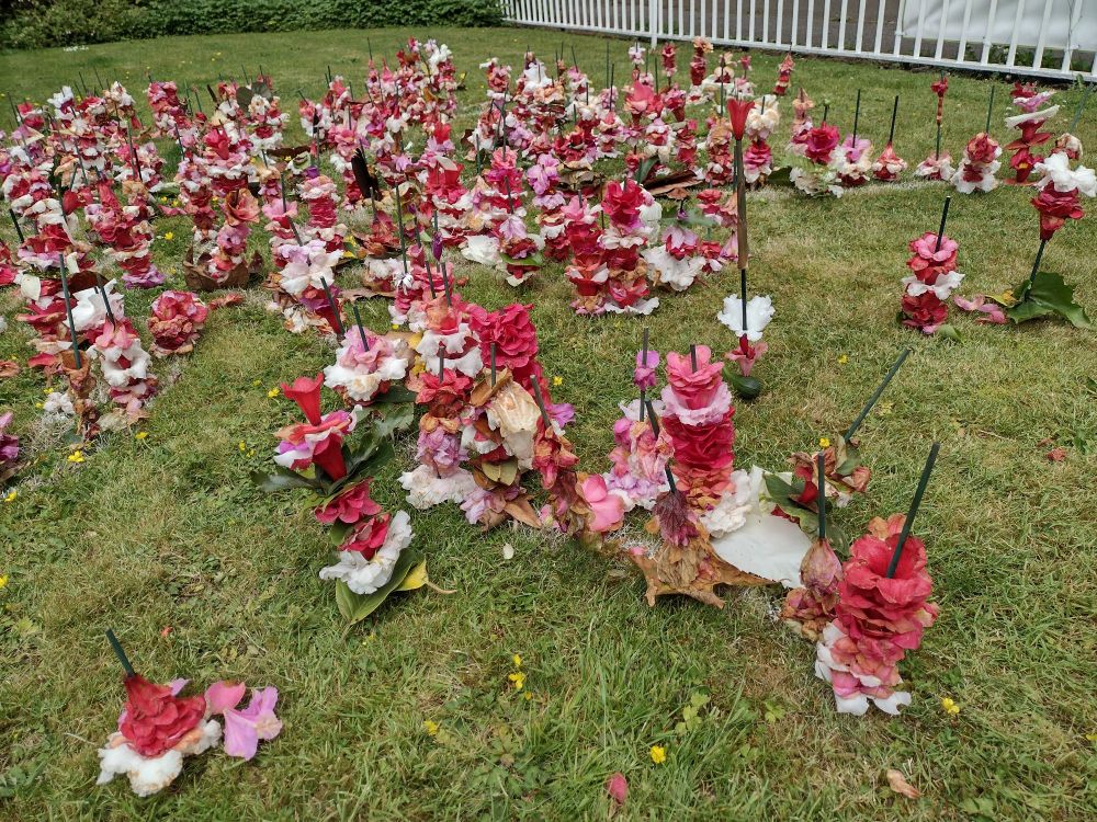 Colourful red, pink, white large flowers on many kebab style sticks embedded in the grass outside the gardens