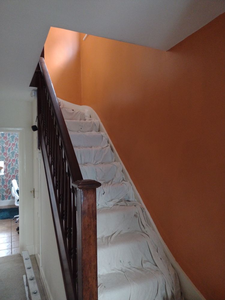 Wooden stair rail, B&Q Valencia orange wall on the right over the stairs. Magnolia walks on the left.
